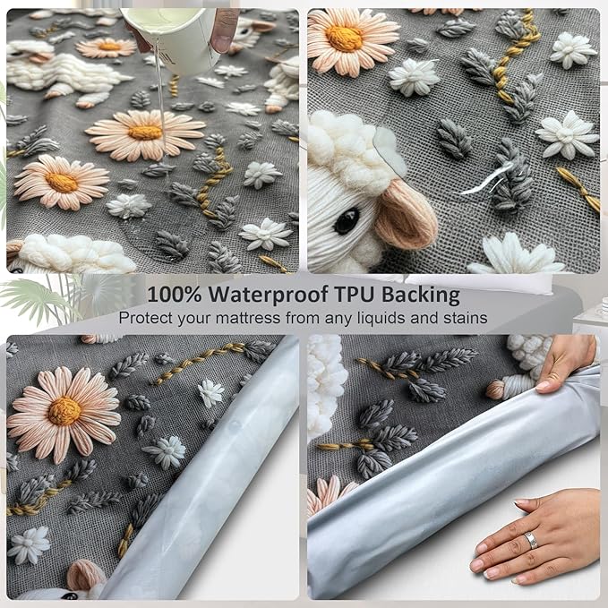 Waterproof Mattress Protector King, Fitted Sheet Style Breathable Mattress Cover with Deep Pocket Fits Up to 18'', Noiseless Bed Cover for Kids Adults Pets, Machine Washable (Sheep, King)