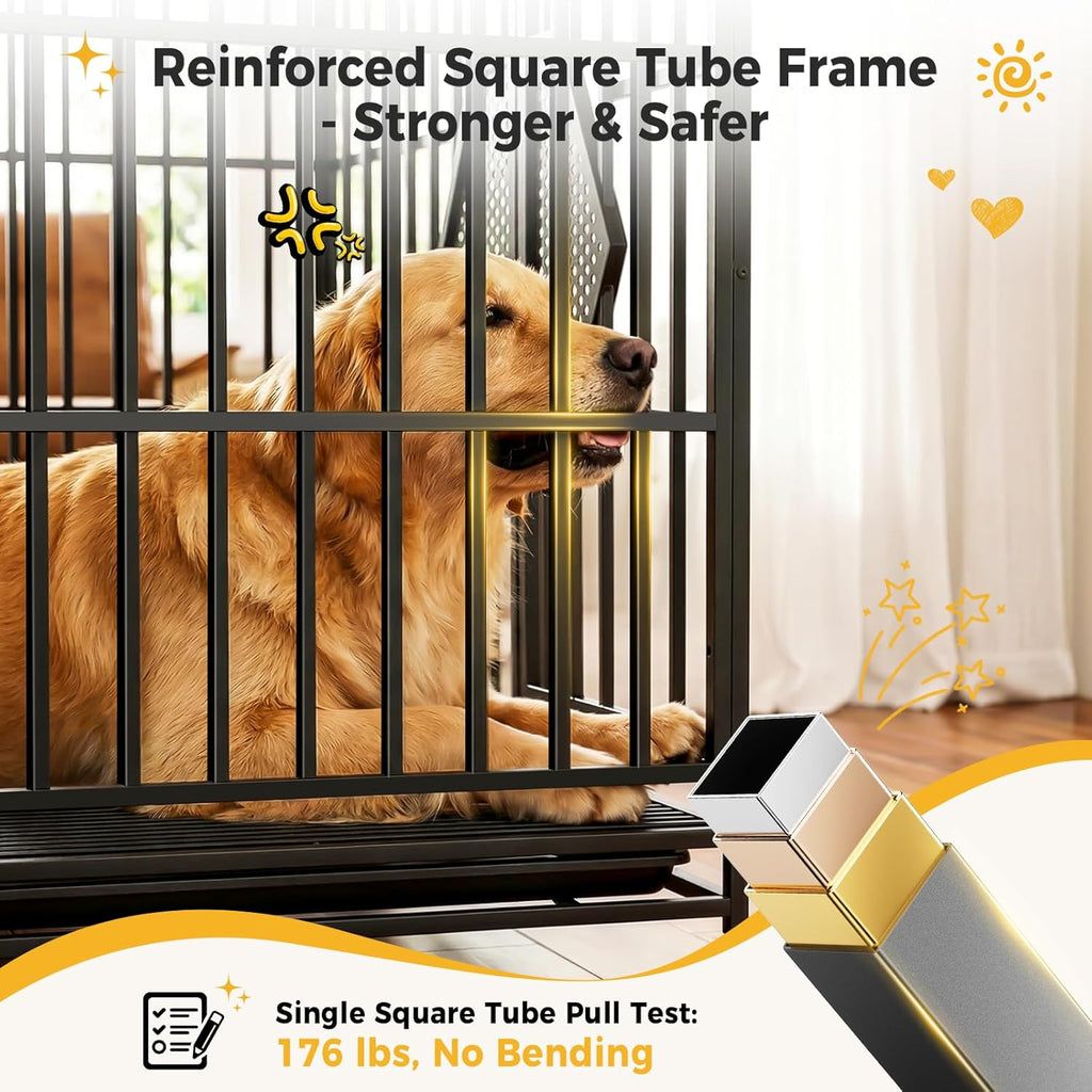 CAMMOO 48'' Heavy Duty Dog Crates for Large Dogs, Dog Kennel Indoor | For High Anxiety Dog, Escape-Proof Dual Top Fences, Reinforced Square Tube Frame, Easy-Clean Split Floor, Extra-Wide Door
