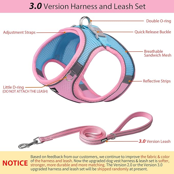 AIITLE Comfortable Dog Harness and Leash Set for Walking - Step in Vest Harness,Reflective Bands, Adjustable No Pull Puppy Essentials, for Small Dogs and House Cats Pink XS