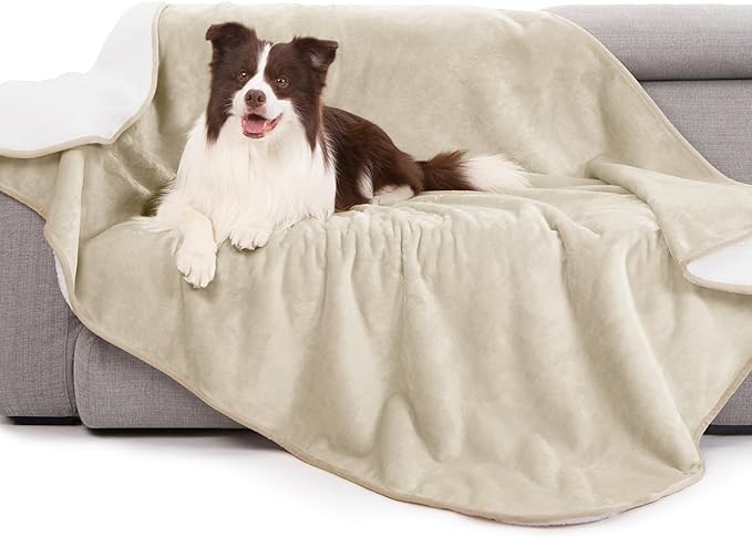 gogobunny Waterproof Bed Blanket, Reversible Sherpa Fleece Throw Blanket for Dog Puppy Cat, Furniture Cover Protects Bed Couch Sofa from Liquid Pee and Pet Fur (Cream, 90x90 inches)