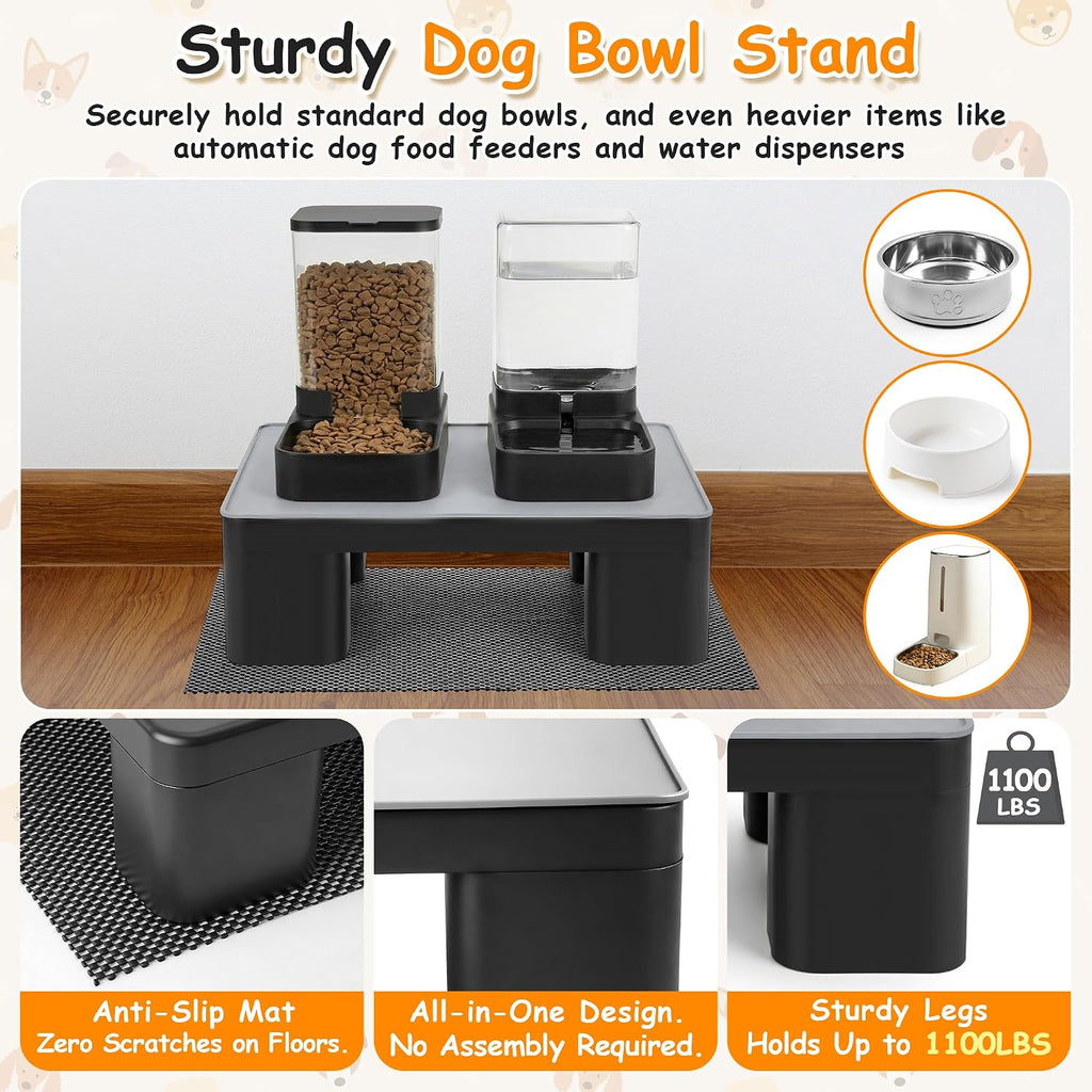 Elevated Dog Bowl Stand with Waterproof Dog Food Mat, Non-Slip, 1 Pc, Black | Reduce Neck & Joint Strain, Easy to Clean Silicone Pet Feeding Mat, Sturdy Legs, Ideal for Small & Medium Dogs and Cats