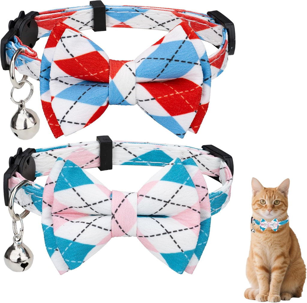 Cat Collar with Bow Tie 2pcs Set Bell Boy Girl Kitten Safety Plaid Grid Checkered Solid Color Suede Velvet Cute Soft Gift C-[2pcs] Argyle