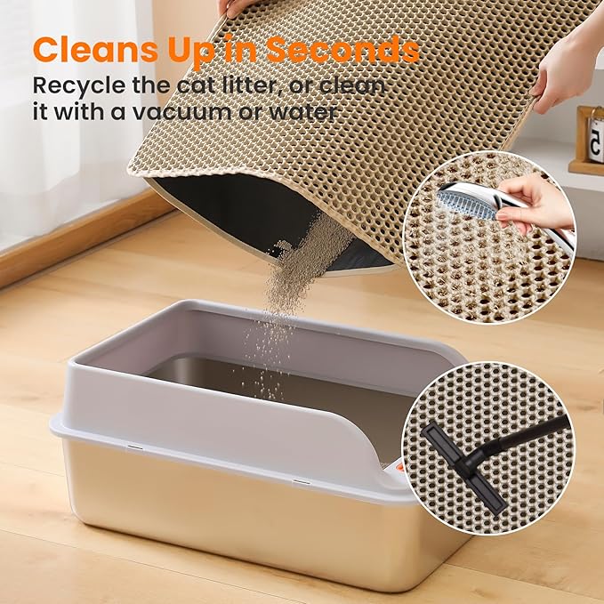 Small Cat Litter Mat, 20x14’’ Double Layer Honeycomb Cat Litter Box Mat, Non Slip Waterproof Urine Proof Litter Trapping Mat for Floor, Kitty Litter Pad, Indoor Pet Supplies, Beige