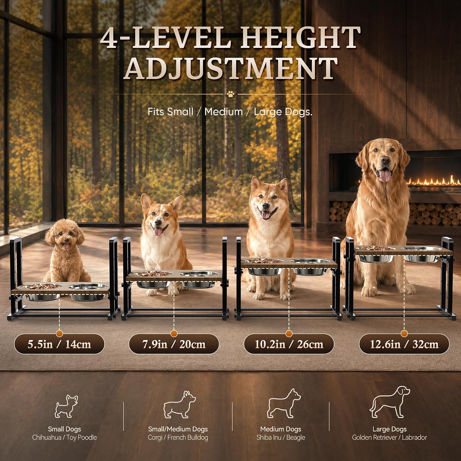 Elevated Dog Bowls, Angle&Height Adjustable, 2L Stainless Steel Bowls | Tilted Platform (0°, 7.5°, 15°) Dog Bowl Stand, Stable & Sturdy Metal Raised Dog Feeding Station, For Large Medium Small Dogs