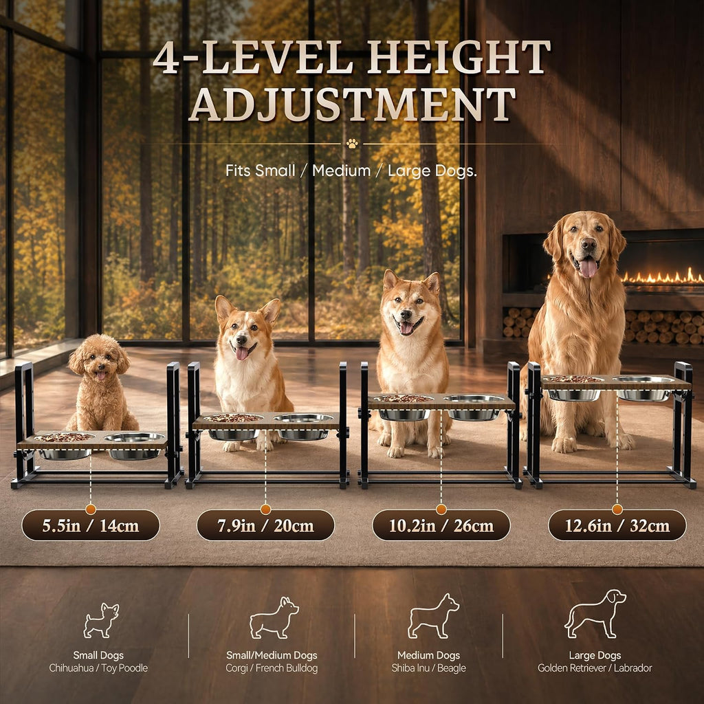 Elevated Dog Bowls, Angle&Height Adjustable, 2L Stainless Steel Bowls | Tilted Platform (0°, 7.5°, 15°) Dog Bowl Stand, Stable & Sturdy Metal Raised Dog Feeding Station, For Large Medium Small Dogs