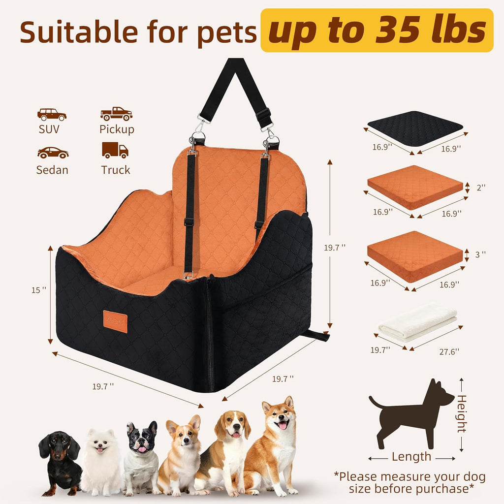 XEEP Dog Car Seat Booster Seat with Blanket & Pee Pad for Small Pet Travel | 35lbs Max Load, High Density Memory Foam Dog Bed for Car, 5 Inch Elevated View, Adjustable Dog Seat Belt for Car, Washable