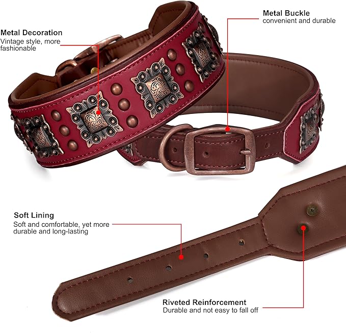 PET ARTIST Soft Padded Leather Dog Collar, 2 inch Wide Genuine Leather Dog Collars with Stylish Studded Rivet & Metal Buckle, Luxury & Adjustable Pet Collars for Medium Dogs,Red,Neck 16-19"