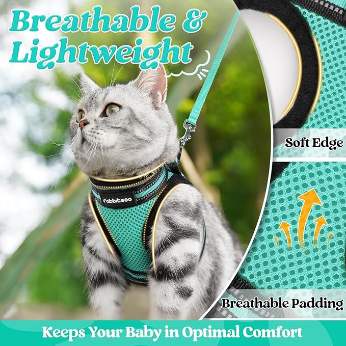 rabbitgoo Cat Harness and Leash Set for Walking Escape Proof, Adjustable Soft Kittens Vest with Reflective Strip for Cats, Comfortable Outdoor Vest,Green,M