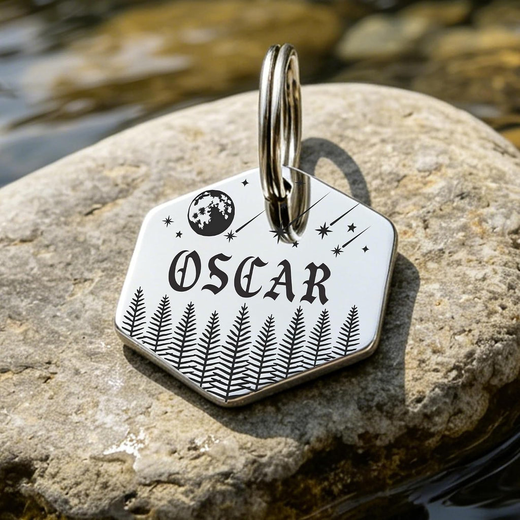 Personalized Pet ID Tags,Custom Stainless Steel Dog and Cat Tags (Hexagon) | Customizable Hexagon, Bone and Round Shapes, Multiple Designs with Mountain, Floral, and Night Sky Patterns,Laser engraving