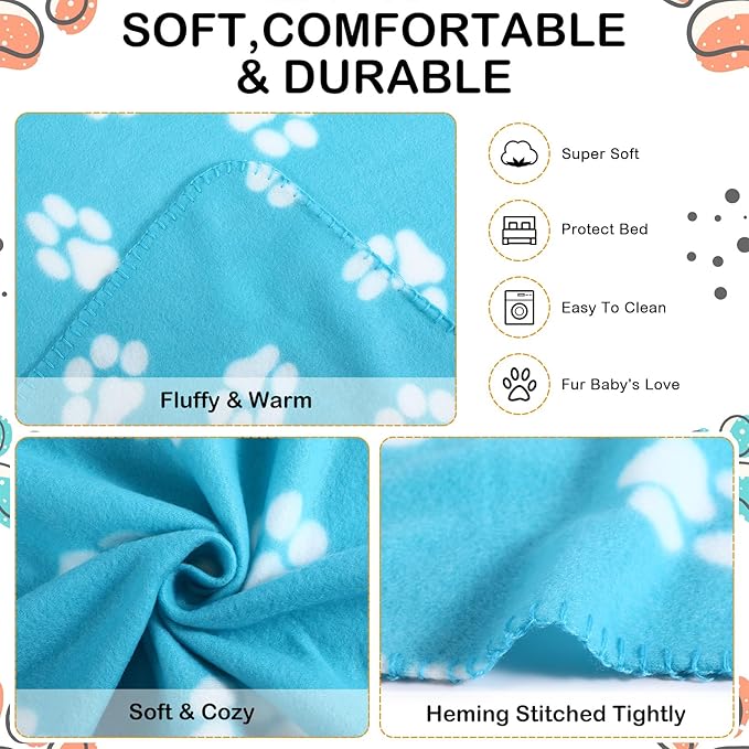 Tegeme 12 Pieces Fleece Blankets for Pets Dog Puppy Paw Print Cat Bedding Cover Blanket for Small Animals Pig Cage Liner Sleep Mat Pad Kitten Soft Warm(Cute Style,47 x 24 Inches)