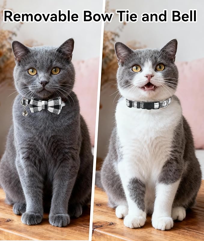 Joytale Upgraded Cat Collar with Bells, Breakaway Cat Collars with Bow Tie, 1 Pack Girl Boy Safety Plaid Kitten Collars, Black