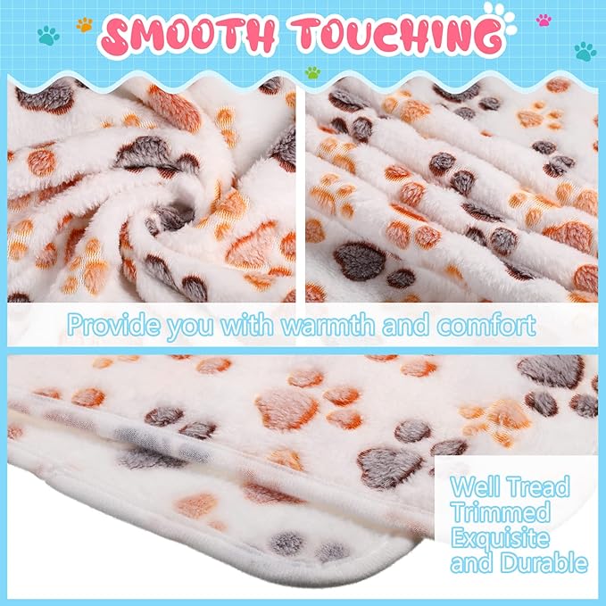 Tatuo 4 Pcs Dog Blanket for Pet Cat Blankets Indoor Puppy Teething Stuff Toys Paw Print Fleece Soft Blanket Sleep Mat for Guinea Pig Cage(White,Small(24 x 16 Inch))