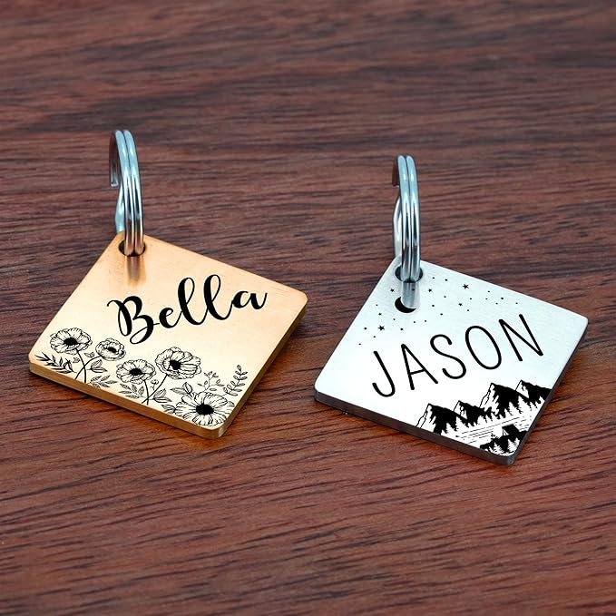Ultra Joys Stainless Steel Pet ID Tags - Personalized Front and Back Engraving, Customized Dog and Cat Tags, Optional Engraved on Both Sides, Diamond Flower Silver Small