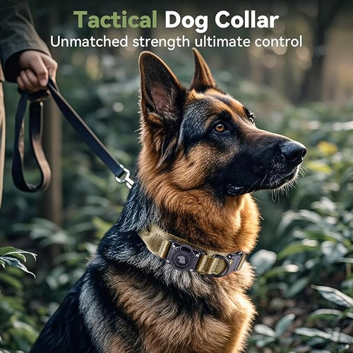 2025 Upgrade Waterproof AirTag Dog Collar, Military Tactical Dog Collar with AirTag Holder, Comfortable Control Handle and Metal Buckle, GPS Dog Collar Holder for Medium to Large Dogs (Khaki, M)