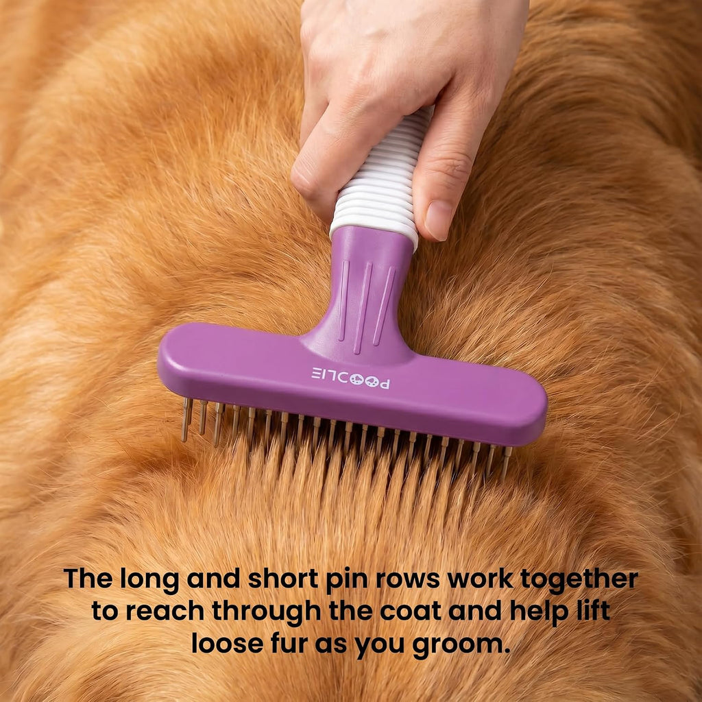 Poodle Pet Dog Grooming Rake| Dematting Tool with Stainless Steel Shedding Comb for Pets | 2 Rows of Pins Gently Remove Loose or Tangled Hair from Undercoat | Purple Handle