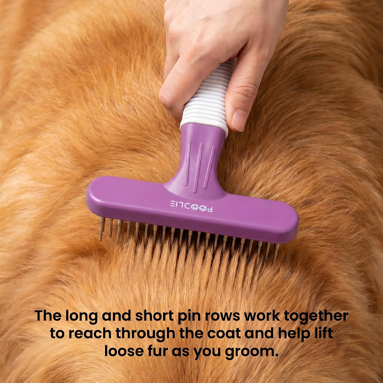 Poodle Pet Dog Grooming Rake| Dematting Tool with Stainless Steel Shedding Comb for Pets | 2 Rows of Pins Gently Remove Loose or Tangled Hair from Undercoat | Purple Handle