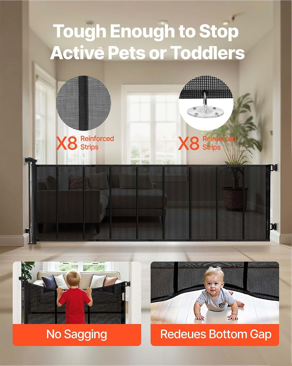 VEVOR Retractable Baby Gate, Extends to 202.7 inch Extra Wide, 39 inch Tall, with Reinforced Fiberglass Strips, Avoids Crawling Through, Mesh Dog Gate for Decks, Doorways, Garages, Indoor, Black