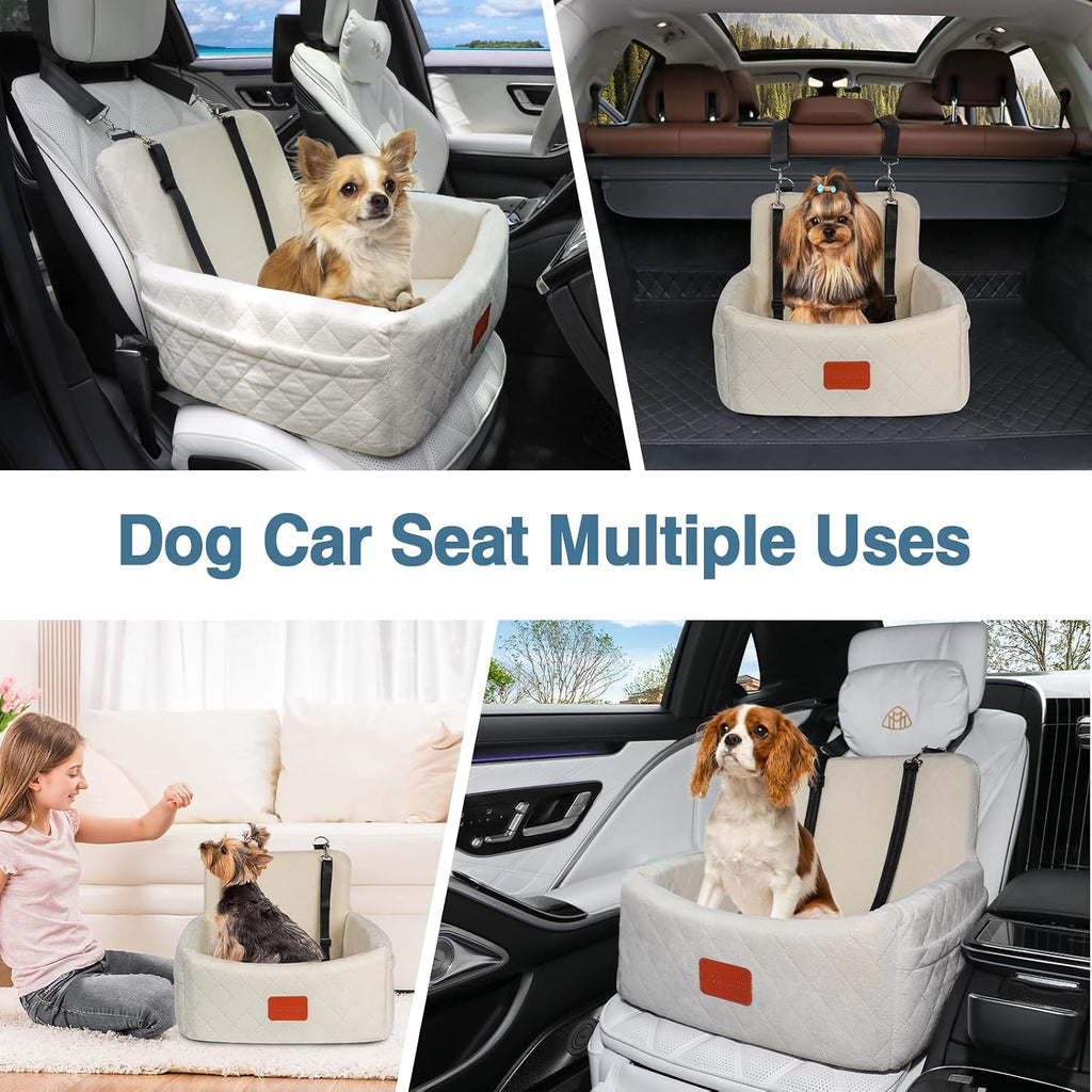 WOOAIDAGG Dog Car Seat for Under 30lbs Dogs,Comfy Febric Fill in Memory Foam,Washable and Detachable Pet Travel Car Bed,Anti-Slip Bottom,2 Safety Leashes & Storage Pockets(Beige)