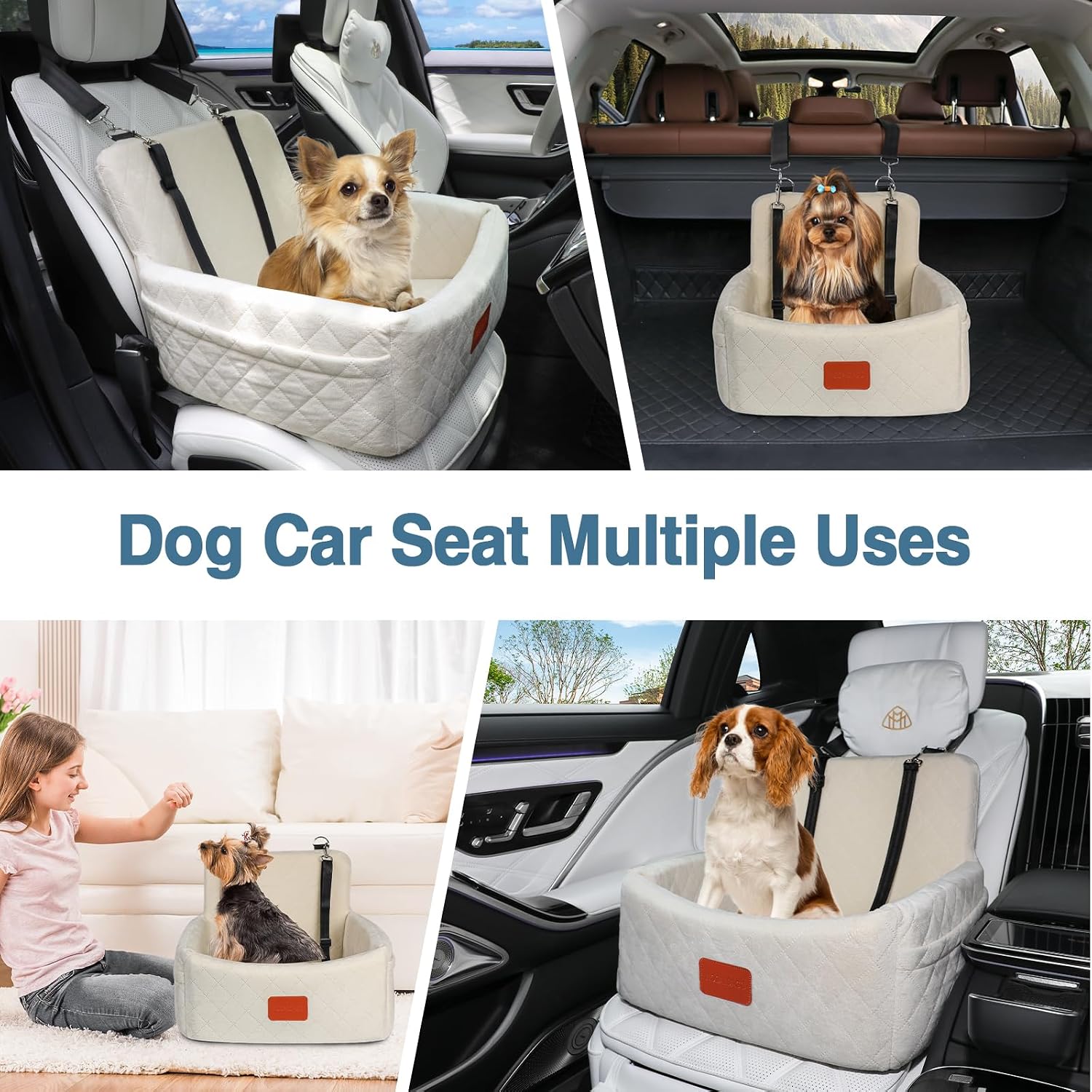 WOOAIDAGG Dog Car Seat for Under 30lbs Dogs,Comfy Febric Fill in Memory Foam,Washable and Detachable Pet Travel Car Bed,Anti-Slip Bottom,2 Safety Leashes & Storage Pockets(Beige)