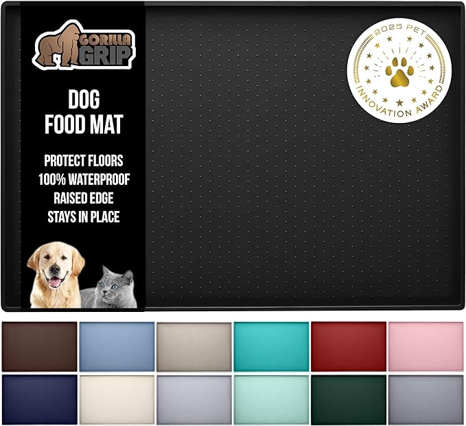 GORILLA GRIP 100% Waterproof Raised Edge BPA Free Silicone Pet Feeding Mat, Dog Cat Food Mats Contain Spills Protects Floors, Placemats for Cats and Dogs Water Bowl, Pets Accessories 18.5x11.5 Black