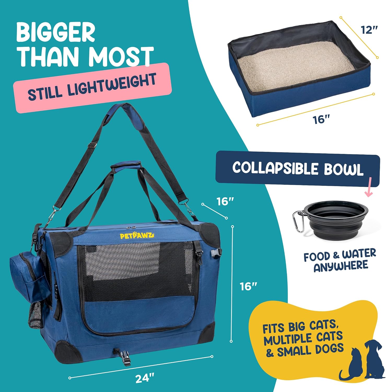 Soft Pet Carrier & Dog Carrier with Travel Litter Box & Collapsible Bowl 24x17x17 – Large Cat Carrier & Small Dog Crate for Car, Vet Visits, Home & Traveling