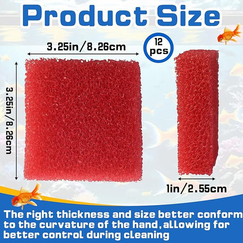 12-Pack Aquarium Glass Cleaner Sponges 3.25" x 3.25" x 1", Non-Scratch Scrubber Pads, Thick & Durable, Safe for Glass Fish Tanks for Crystal Clear View (Red)