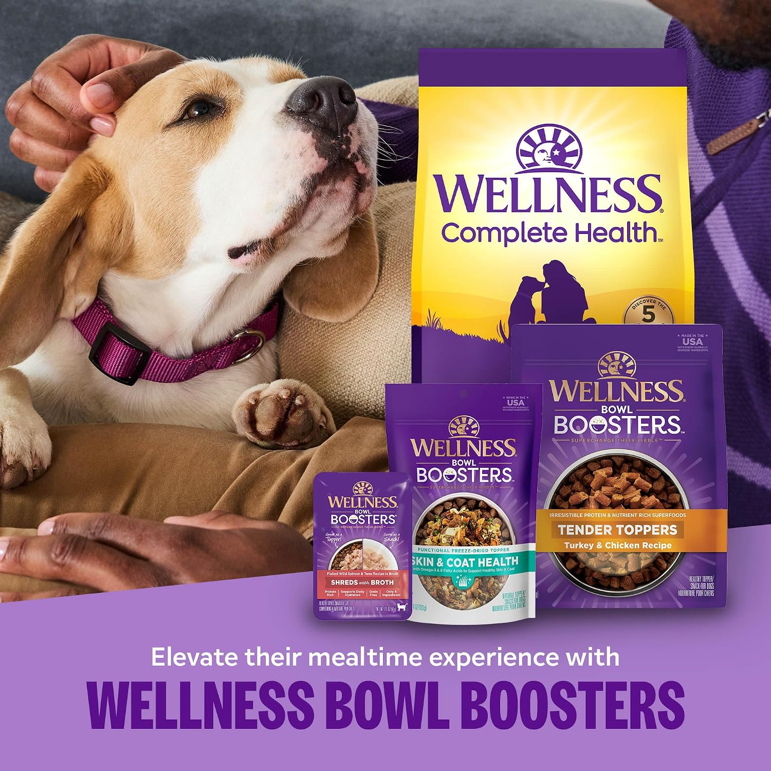 Wellness Bowl Boosters Simply Shreds Wet Dog Food Topper for Small, Medium, and Large Breeds, Grain Free, Natural, Beef and Carrots Recipe, 2.8 oz, Pack of 12 Pouches