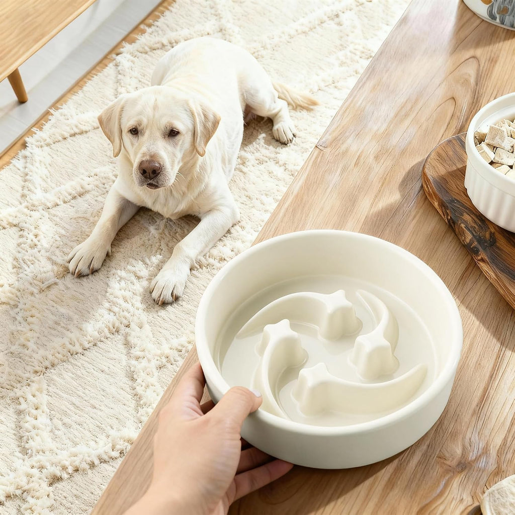 Ceramic Slow Feeder Dog Bowls Small Breed, 0.6 Cups, 6.4 Inch Beige | Raised maze design slows fast eating for small dogs, puppies and cats; heavy ceramic, non-slip and dishwasher safe.