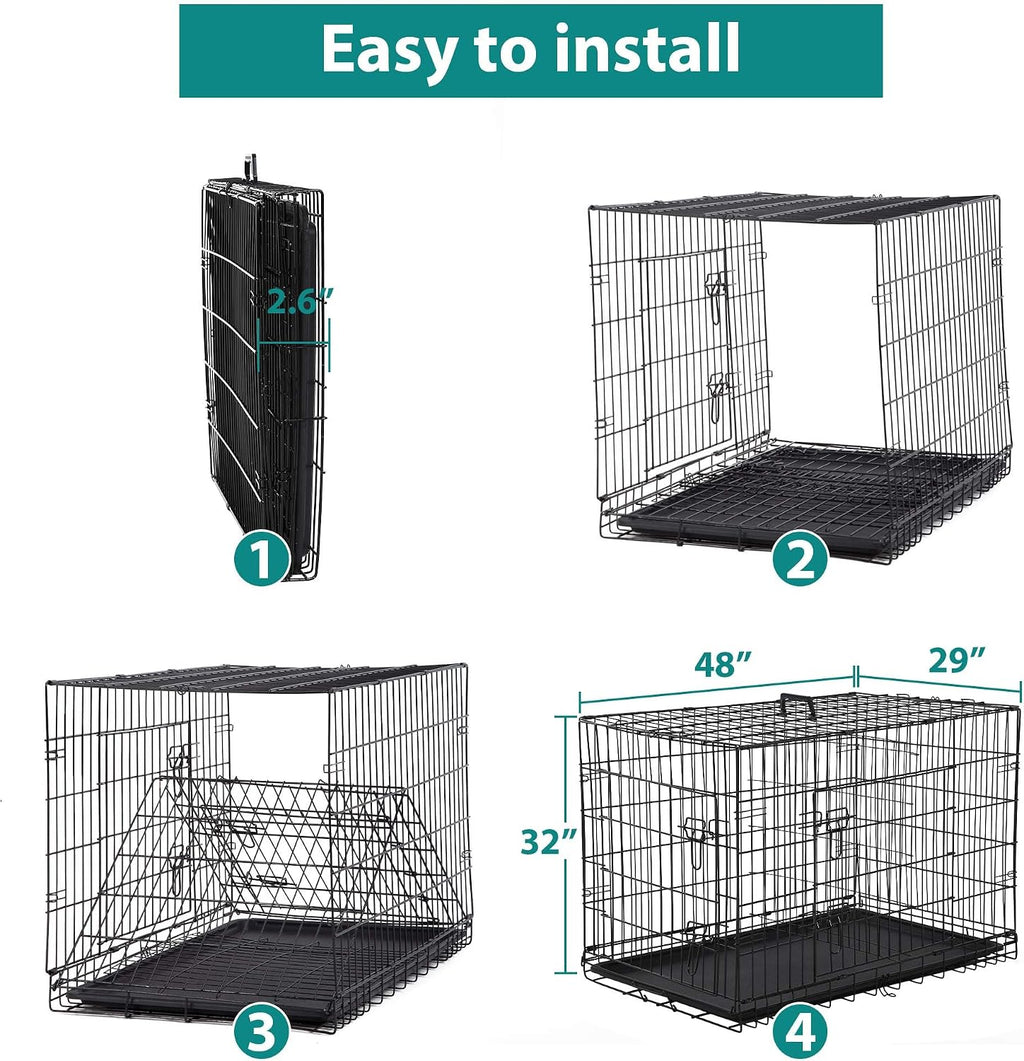 48 Inch Extra Large Dog Crates for Medium Dogs Double-Door Folding XXL Dog Crates for Large Dogs Indoor/Outdoor Dog Cages for Large Dogs Metal Wire Dog Kennel with Plastic Tray and Handle(Black)