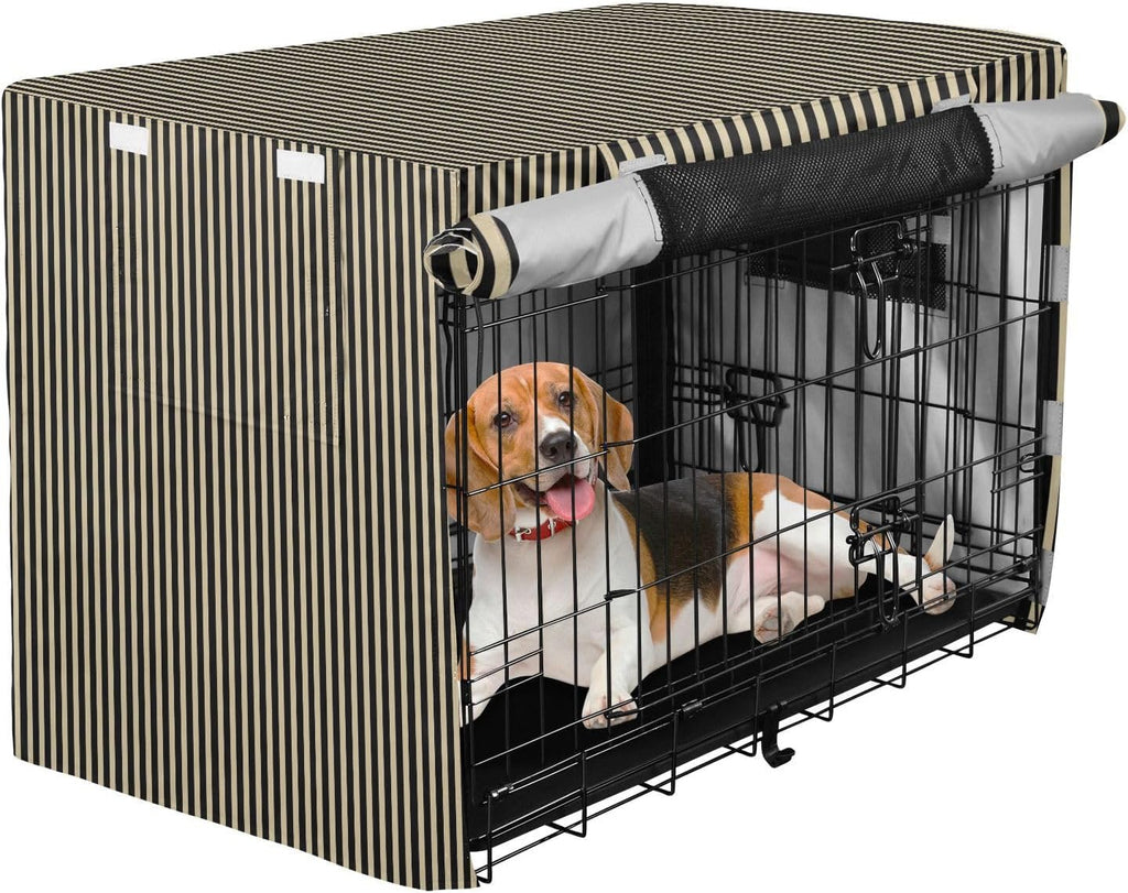 Beige Black Stripes Dog Crate Cover 42in Pet Kennel Cover | 600D Oxford Heavy Duty Kennel Covers, Breathable Mesh Window, Soundproof Waterproof Sunshade Universal Fit for Wire Cage