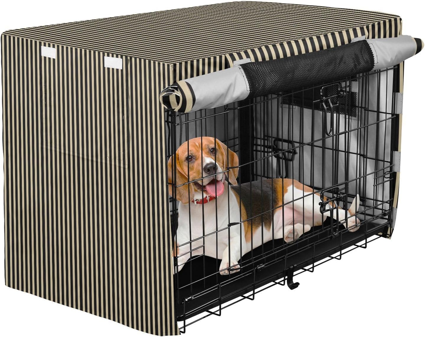 Beige Black Stripes Dog Crate Cover 42in Pet Kennel Cover | 600D Oxford Heavy Duty Kennel Covers, Breathable Mesh Window, Soundproof Waterproof Sunshade Universal Fit for Wire Cage