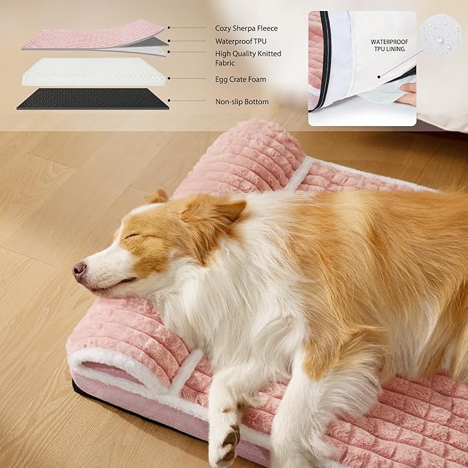 Orthopedic XL Dog Bed Large Sized Dog with Pillow 48''X30'', Waterproof Soft Comfortable Egg Crate Foam Pet Crate Beds Mat with Removable Washable Cover and Non-Slip Bottom, Pink