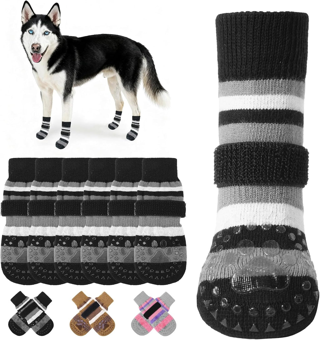 Anti Slip Dog Socks to Prevent Licking Paws and Slipping, Extra-Thick Grip Pet Boots & Paw Protectors, Winter Warm Puppy Shoes Booties for Hardwood Floors Small Medium Large Senior Dogs, L