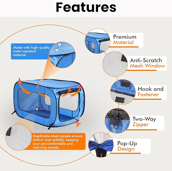 Beatrice Home Fashions Portable, Collapsible, Pop Up Kennel Travel Cat and Dog Crate, 36" L x 22" W x 22" H, Blue