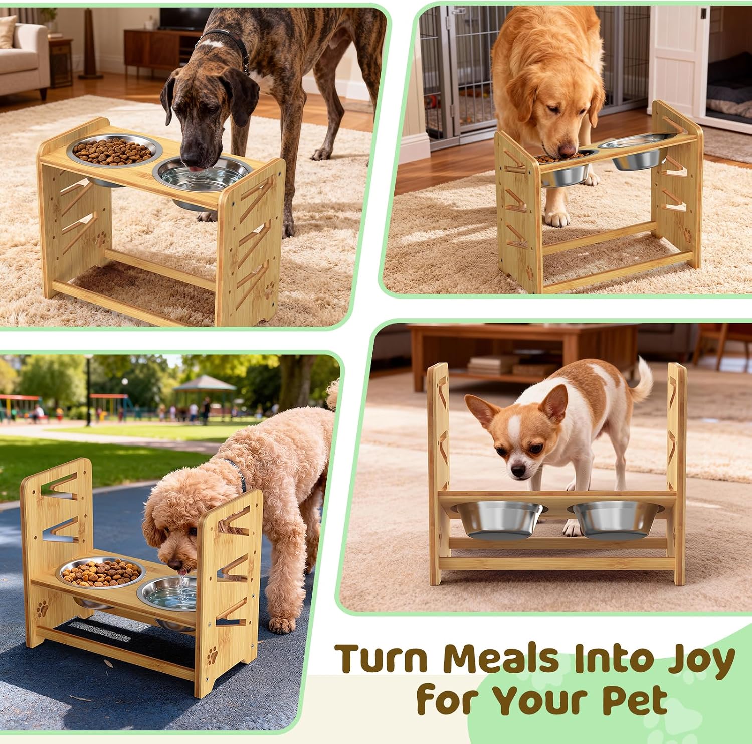 Elevated Dog Bowls, Adjustable Raised Dog Bowl Stand for Large and Medium Pet, 15" High Bamboo Pet Food Feeder with 2 Stainless Steel Dishes（6 Heights）
