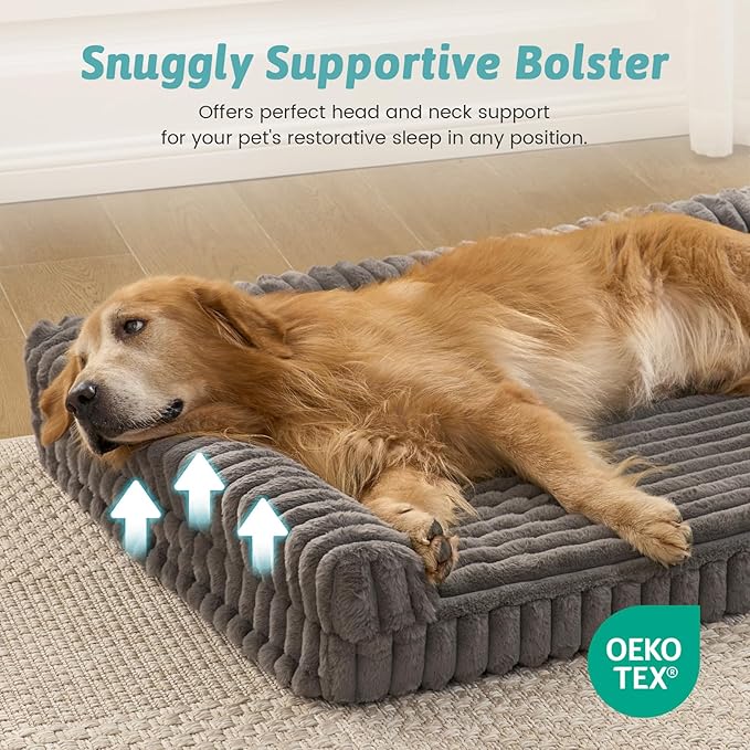 Cute Dog Bed, Faux Rabbit Fur Orthopedic Foam Dog Bed with Sides, Removable Washable Cover & Waterproof Lining, Comfortable Pet Couch for Large Dogs, Grey (44" L x 32" W x 7" Th)
