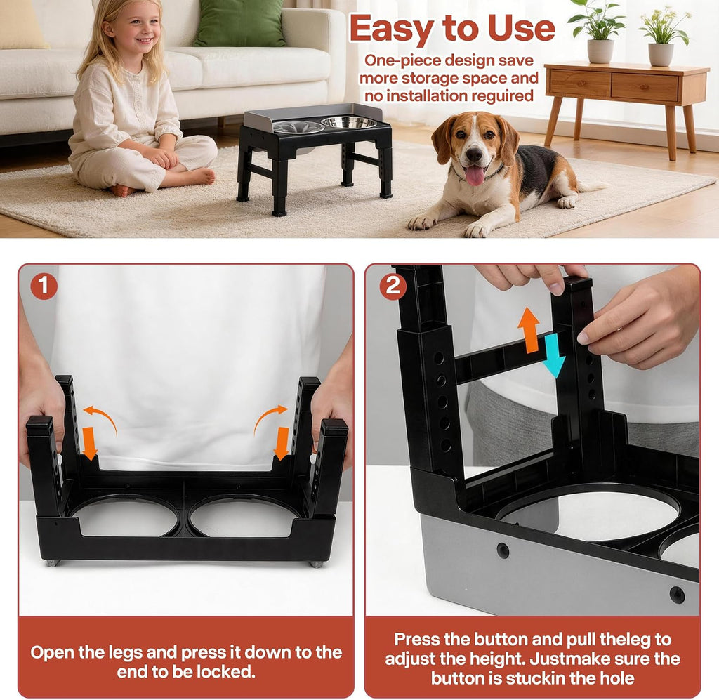 Pawise Elevated Dog Bowl Stand，Adjustable Height，Slow Feeder for Dogs | Splash proof,1 Slow Feeder Bowl， 2 stainless steel bowls, 6 heights for all dog sizes