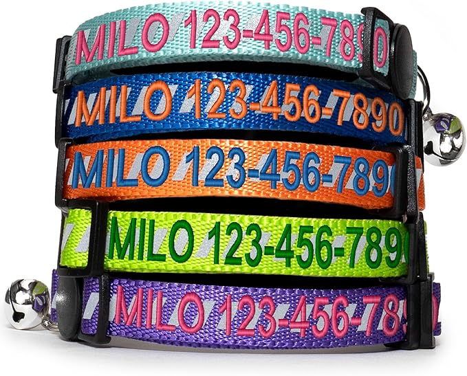 Pawtitas Personalized Blue Reflective Cat Collar – Adjustable Custom Collar with Safety Buckle, Removable Bell, and Engraved Name & Phone Number for Kittens and Adult Cats
