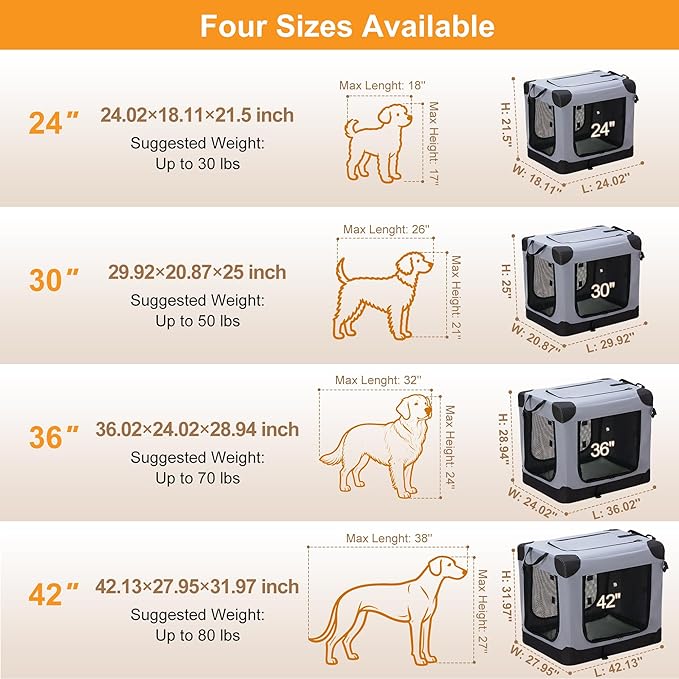Dog Travel Crate 30 Inch, Portable Soft-Sided Travel Carriers for Dogs and Cats, Foldable Pet Kennel with 3-Doors Mesh Windows Indoor & Outdoor, Grey