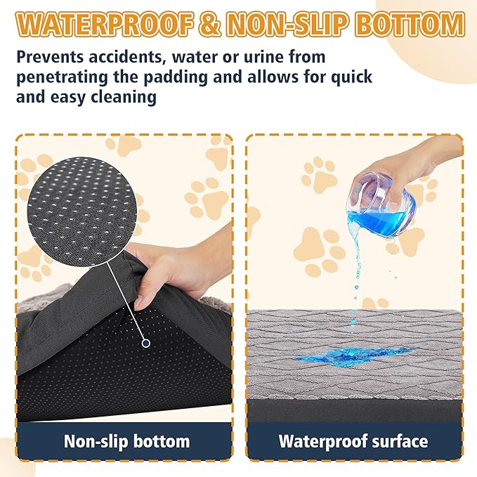 Orthopedic Dog Beds for Medium Dogs – Waterproof Plush Pet Mattress with Removable Washable Cover, Non-Slip Bottom, Memory Foam Dog Bed for Crate, 30x20 Inch, Grey