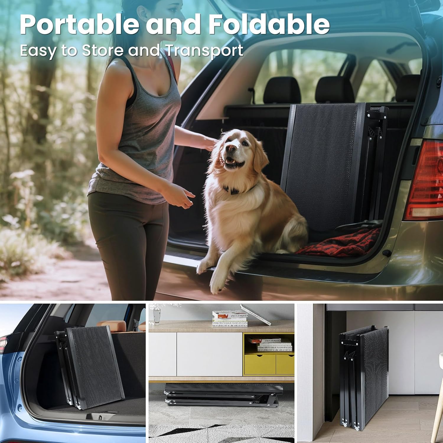 67''L x 17''W Dog Ramp for Car, Folding Portable Pet Stair Ramp with Non-Slip Rug Surface, Extra Wide Dog Steps for Medium & Large Dogs Up to 250LBS Enter a Car, SUV & Truck