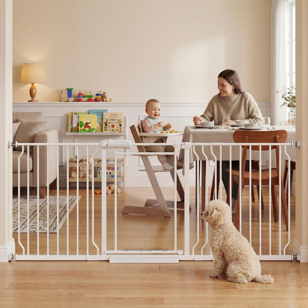 Triple-Lock Acrylic Extra Wide Baby Gate 66.95"-74.8", Crystal Clear Transparent Pet Gate for Dogs, Heavy Duty Metal Gate for Doorways, Pressure Mount Child Safety Barrier, Auto Close, White
