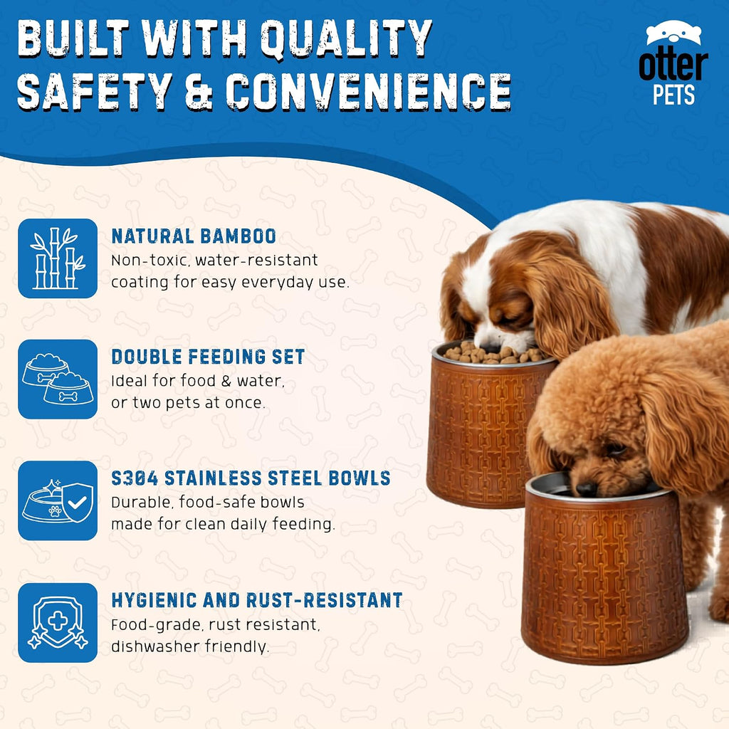 OtterPets Dog Bowls Elevated for Small Dogs, 6-Inch Bamboo Stands, Set of 2 | Includes 2 stainless steel bowls; raised food and water feeding station; raised dog bowl stands
