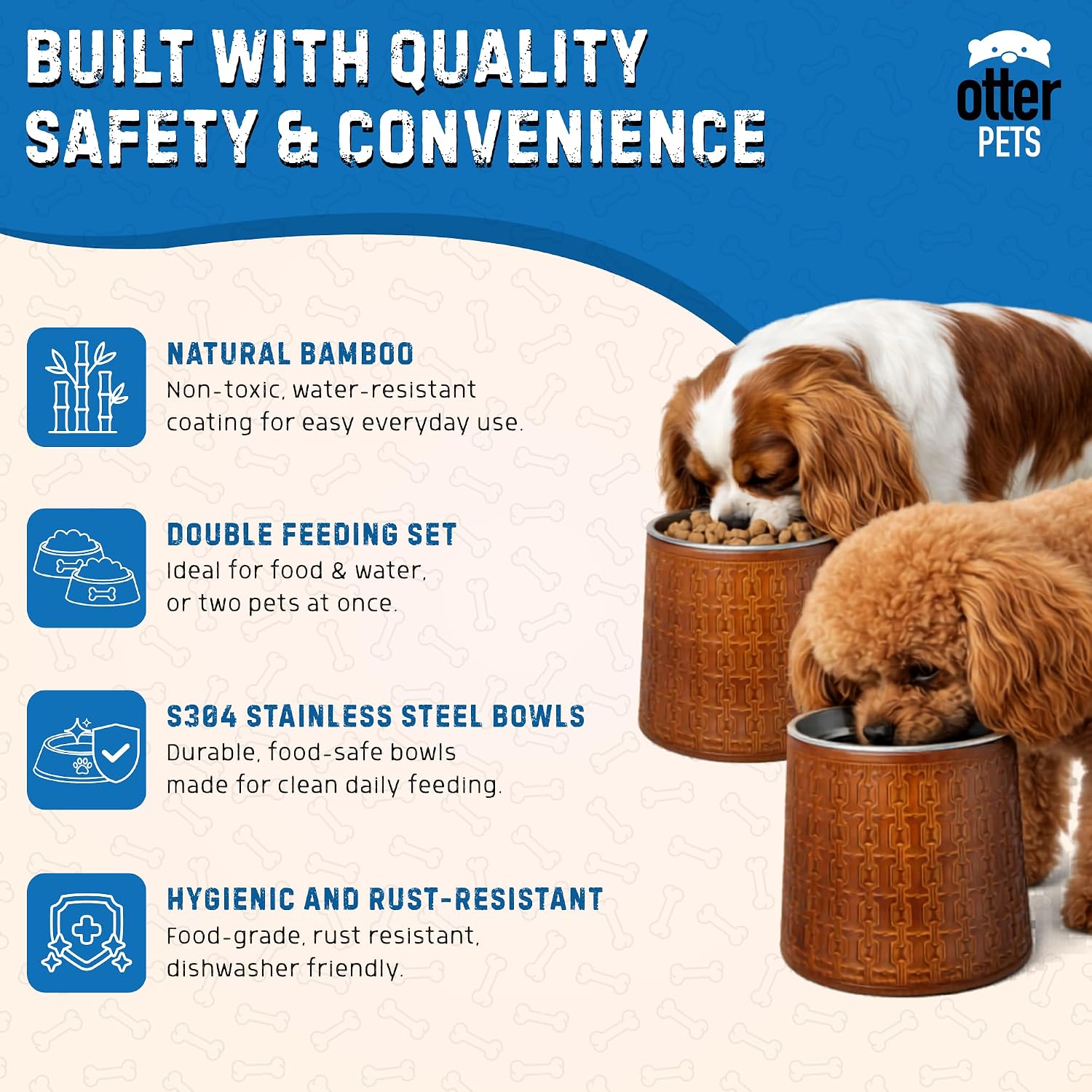 OtterPets Dog Bowls Elevated for Small Dogs, 6-Inch Bamboo Stands, Set of 2 | Includes 2 stainless steel bowls; raised food and water feeding station; raised dog bowl stands