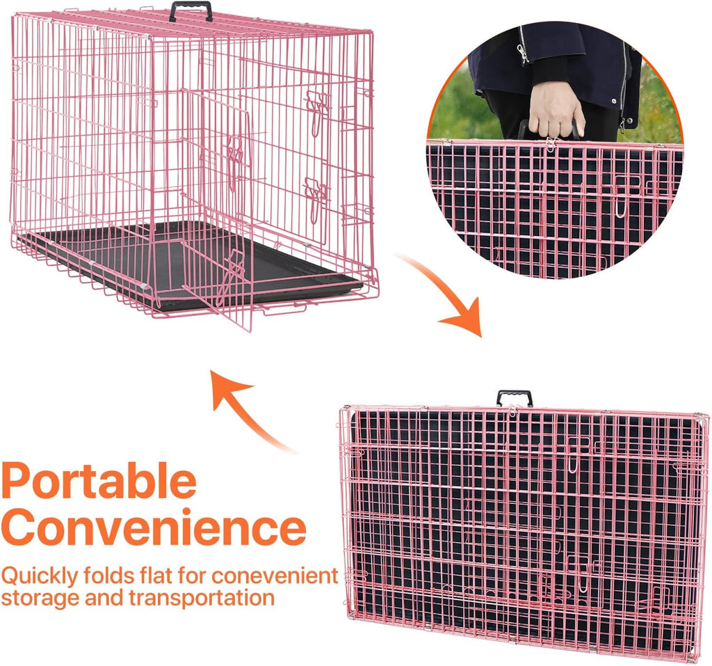 Dog Crate for Large Medium Small Dogs, Folding Dog Kennel Cage with Plastic Tray & Divider 48"/42"/ 36"/ 30"/ 24" Indoor Outdoor Metal Double Door Heavy Duty Dog Pen Enclosure, Pink(24 Inch)