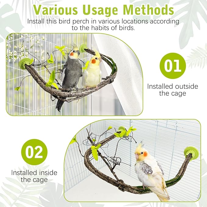 PINVNBY 2 PCS Bendable Bird Perches Simulation Branch Parrot Perch Stand with Green Leaf Hanging Paw Grinding Fork Cage Accessories for Parakeet Budgie Finch Cockatiel Conure (Large)