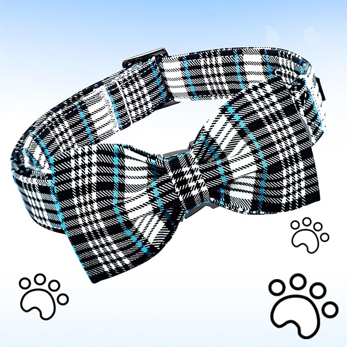 Lionheart glory Dog Bow Collar Blue and Black Plaid Dog Collar for Large Dogs,Boy Dog Collars with Bowtie Spring Summer Collars Soft Adjustable Pet Collar Bows