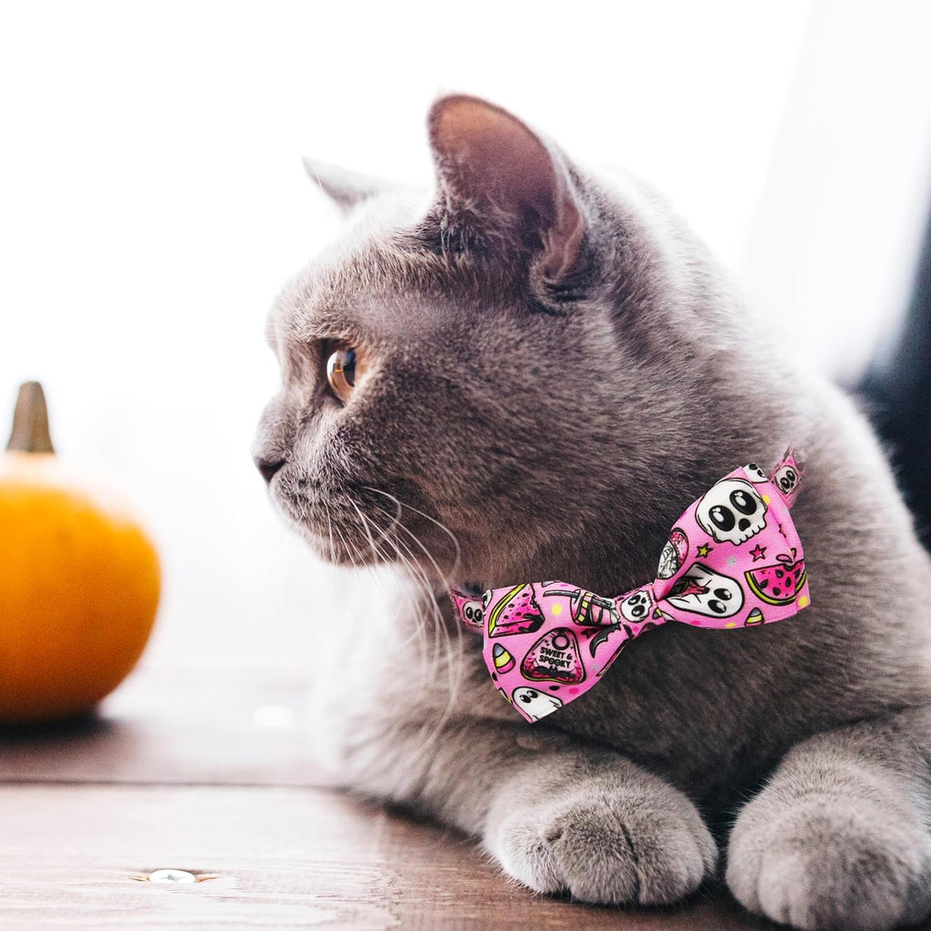 2 Pack Halloween Cat Collar Breakaway Collars with Bow Tie and Bell, Ghost Prints Safety Breakaway Buckle Soft Nylon for Boys and Girls Kitties Kittens