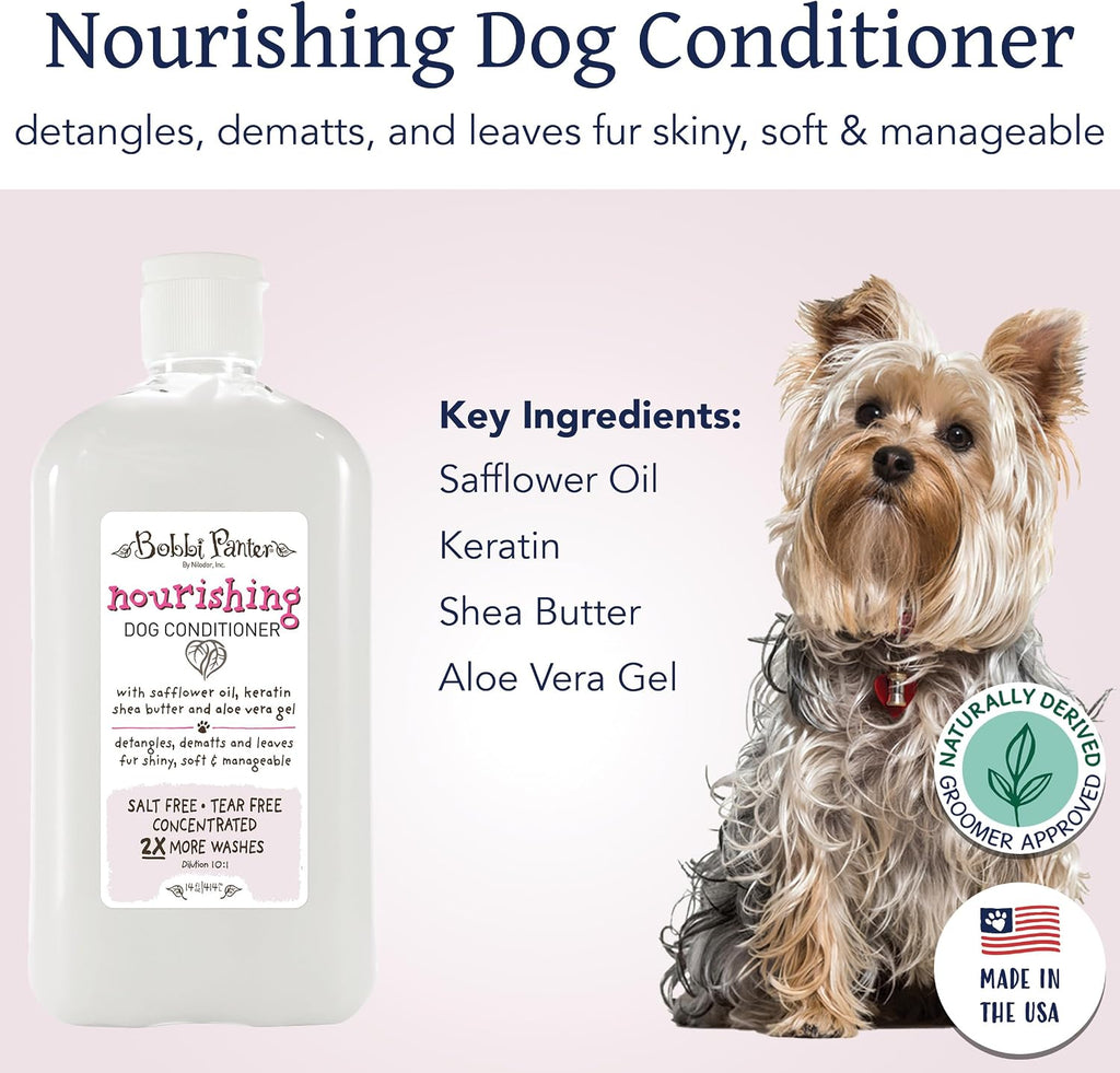 Bobbi Panter Nourishing Dog Conditioner Safflower Oil, Keratin, Shea Butter & Aloe Vera – Detangling Natural Formula for Soft, Smooth & Manageable Coat, 10:1 Concentrate, Made in USA, 14 oz