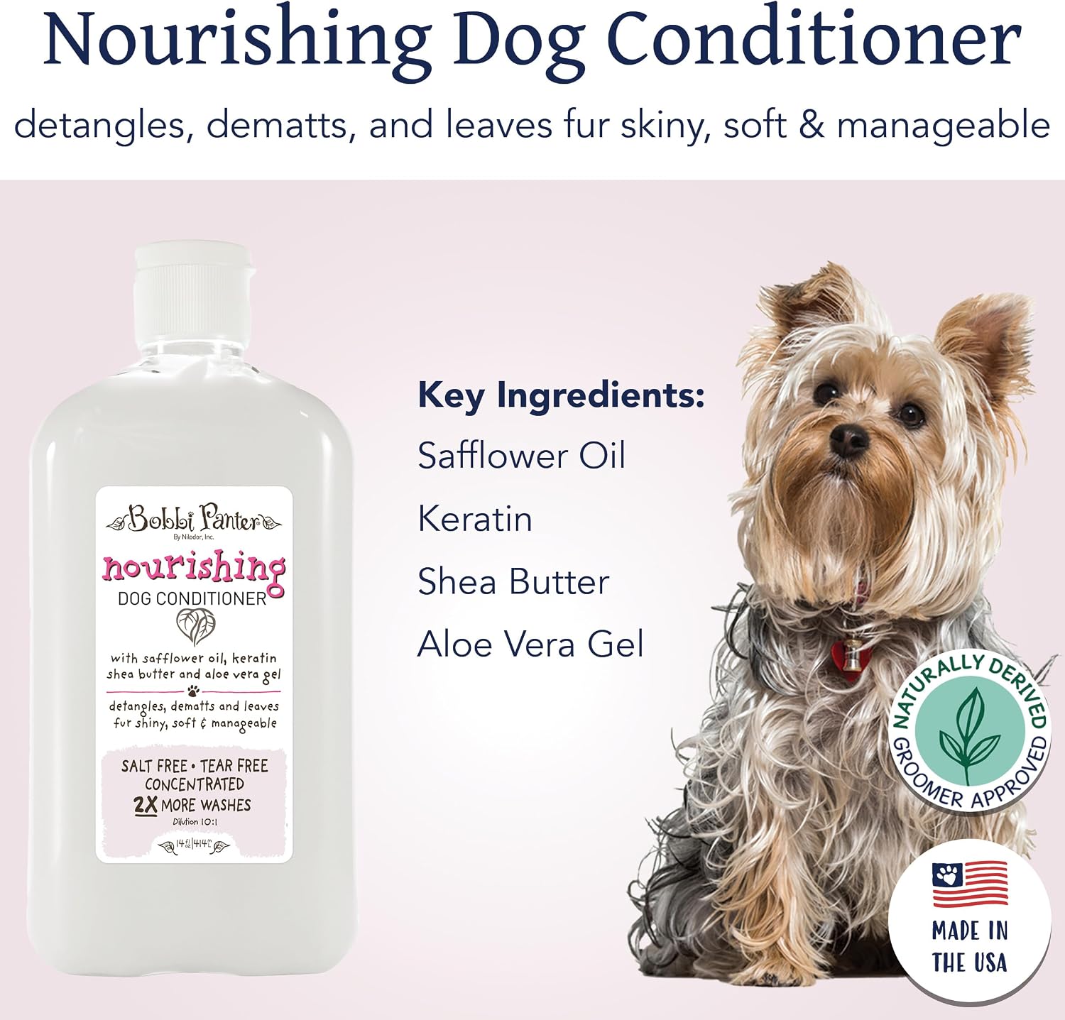Bobbi Panter Nourishing Dog Conditioner Safflower Oil, Keratin, Shea Butter & Aloe Vera – Detangling Natural Formula for Soft, Smooth & Manageable Coat, 10:1 Concentrate, Made in USA, 14 oz
